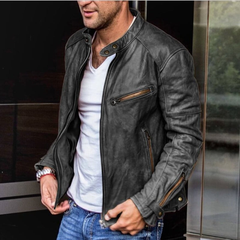 Giacca in pelle da uomo – Vestibilità strutturata – Collo con bottoni – Tasche con zip