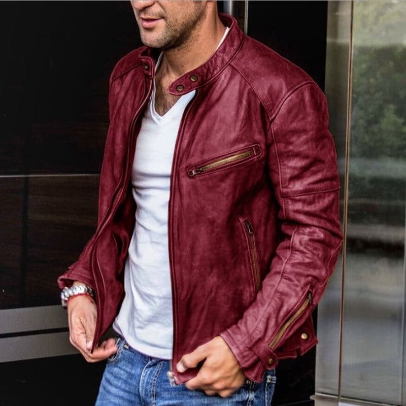 Giacca in pelle da uomo – Vestibilità strutturata – Collo con bottoni – Tasche con zip