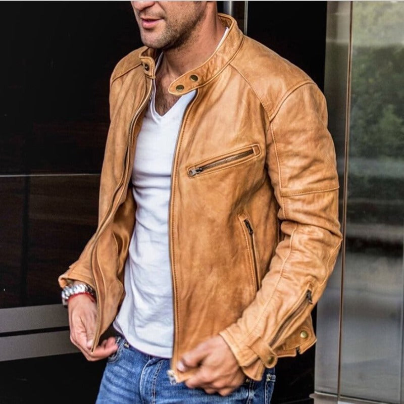Giacca in pelle da uomo – Vestibilità strutturata – Collo con bottoni – Tasche con zip