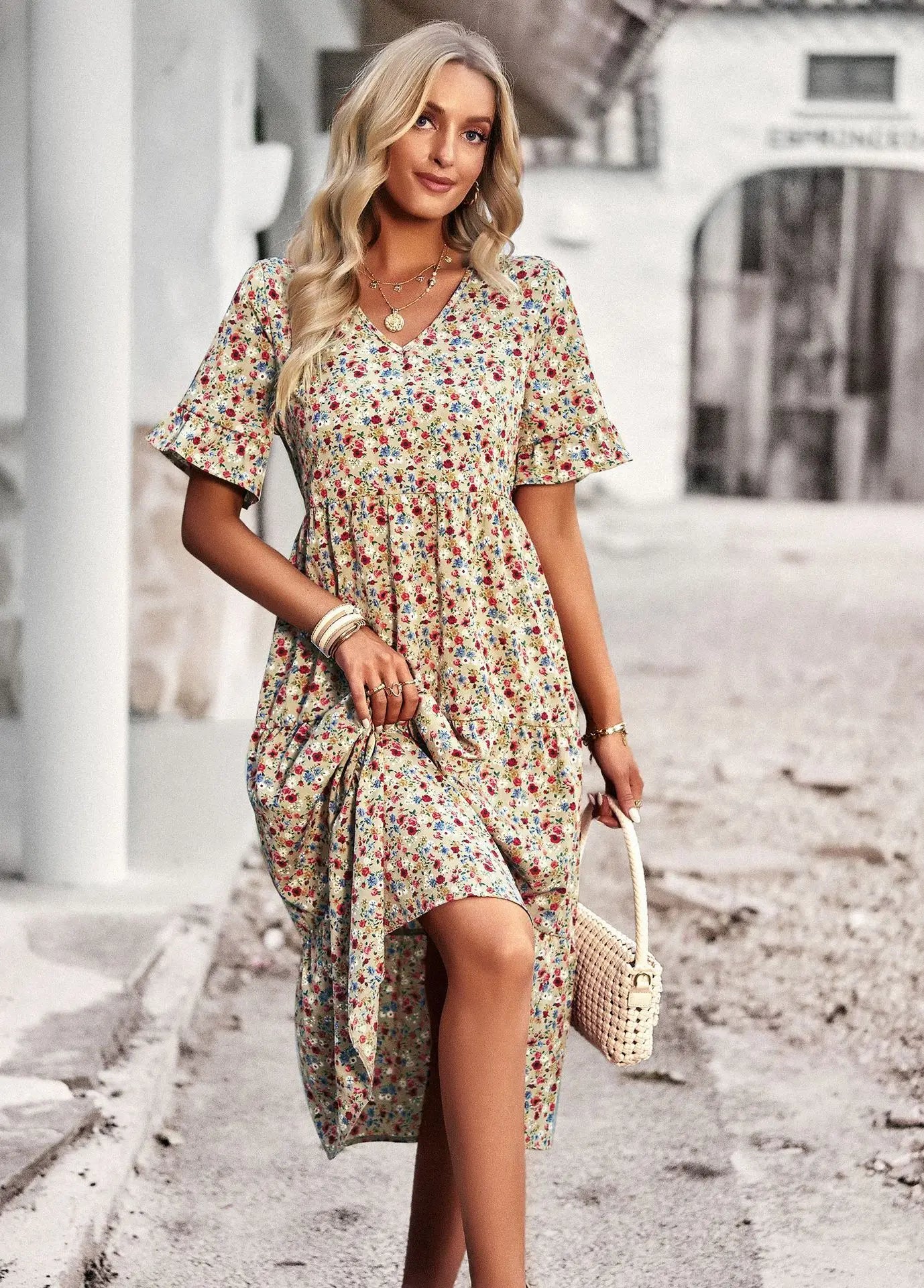 Abito da donna midi – Scollo a V – Maniche corte svolazzanti – Cotone traspirante