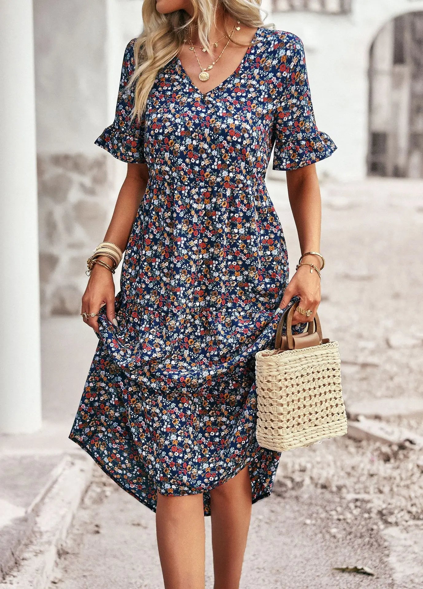 Abito da donna midi – Scollo a V – Maniche corte svolazzanti – Cotone traspirante