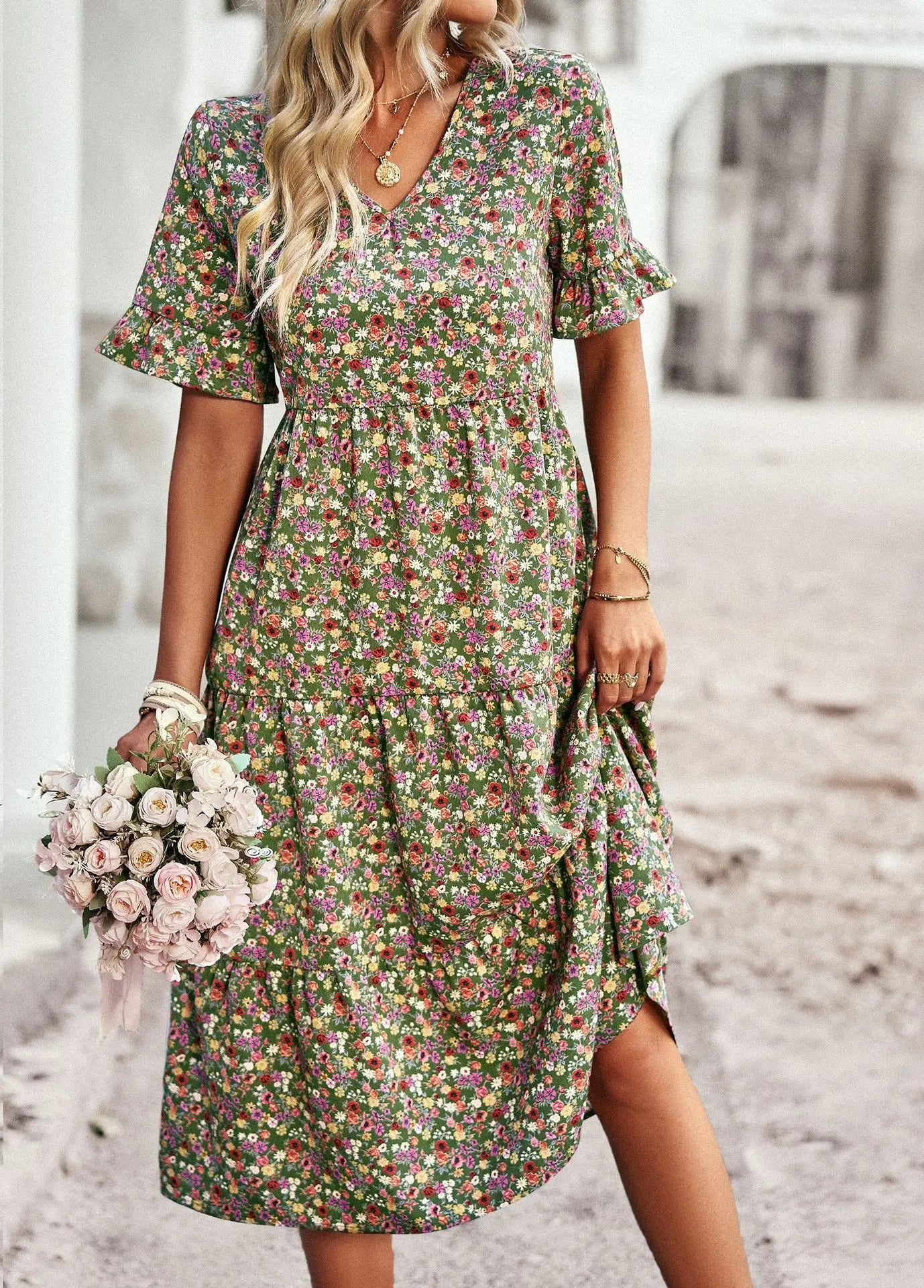 Abito da donna midi – Scollo a V – Maniche corte svolazzanti – Cotone traspirante