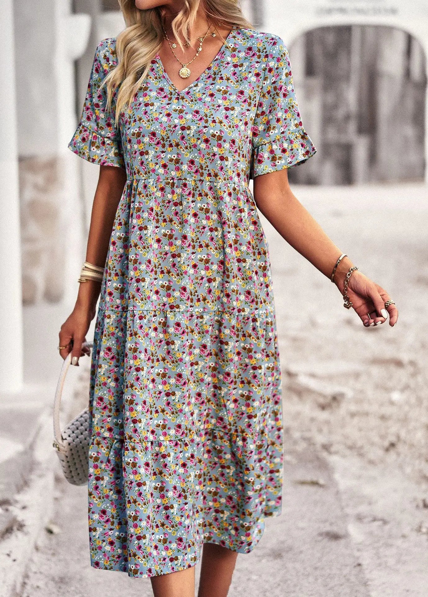 Abito da donna midi – Scollo a V – Maniche corte svolazzanti – Cotone traspirante