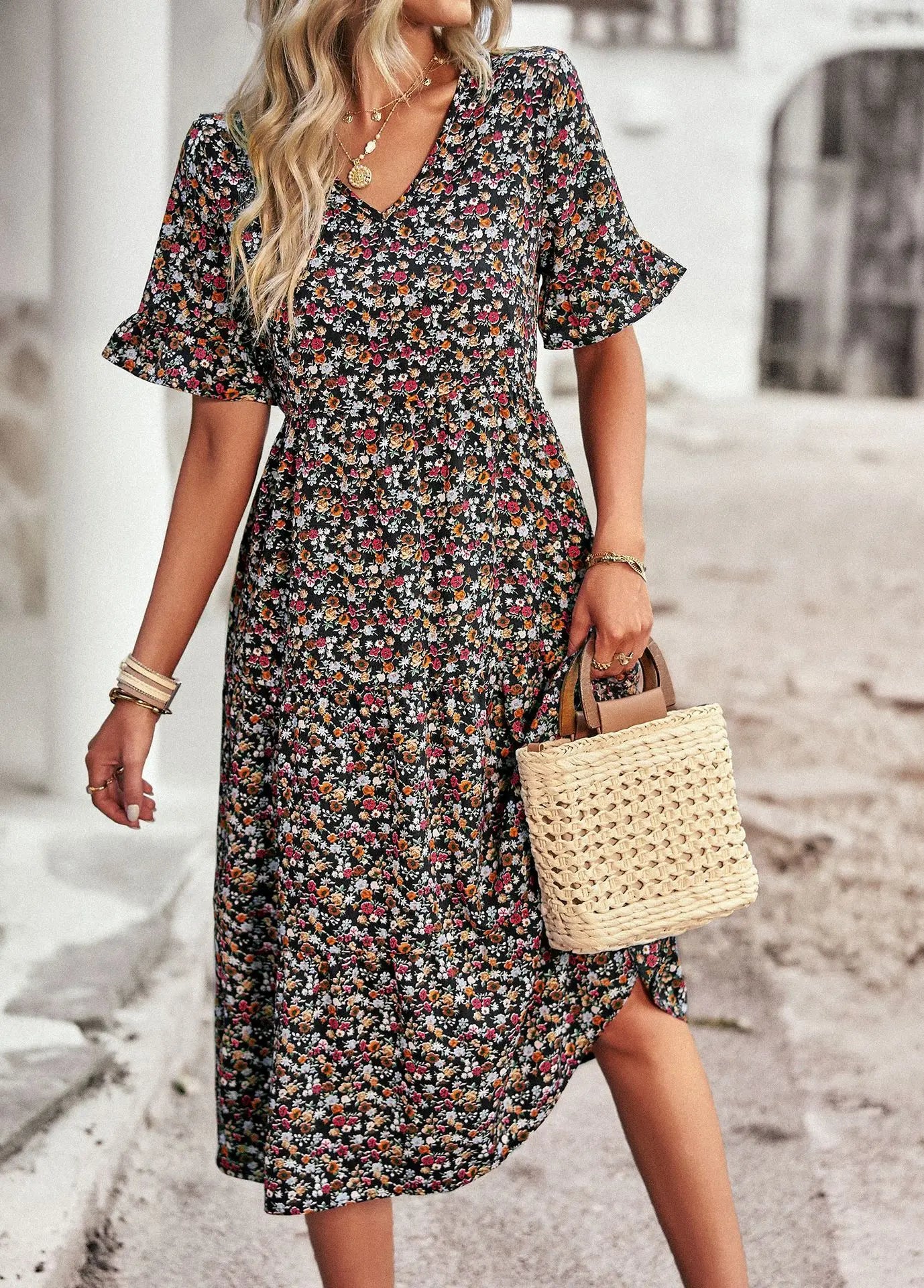 Abito da donna midi – Scollo a V – Maniche corte svolazzanti – Cotone traspirante