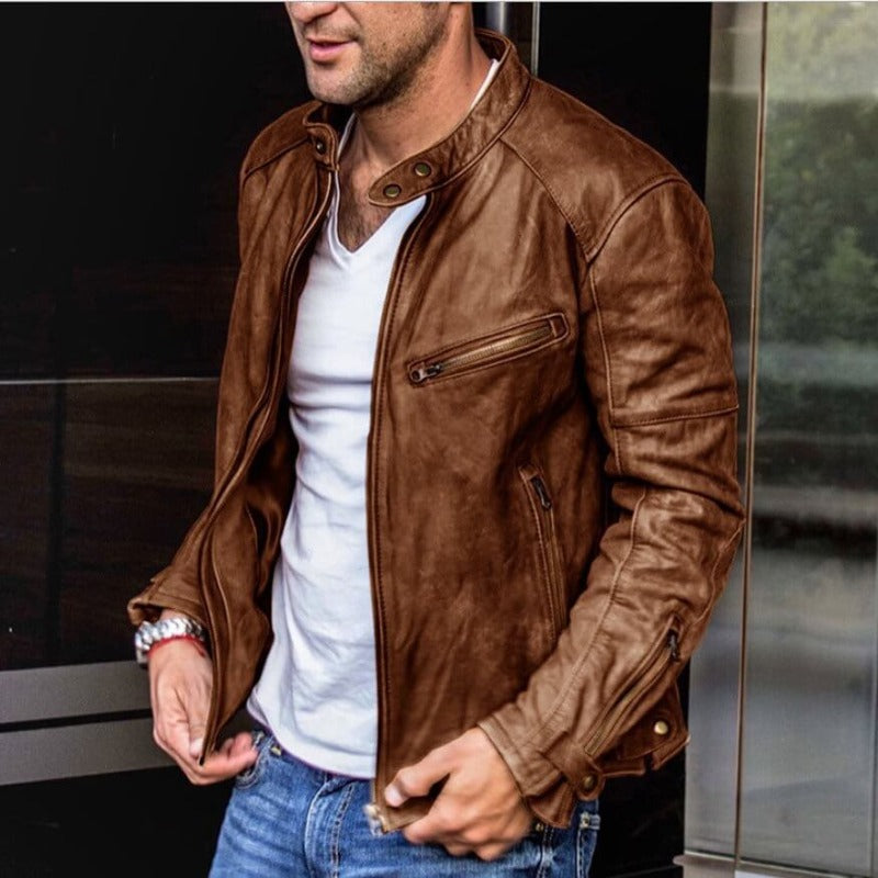 Giacca in pelle da uomo – Vestibilità strutturata – Collo con bottoni – Tasche con zip