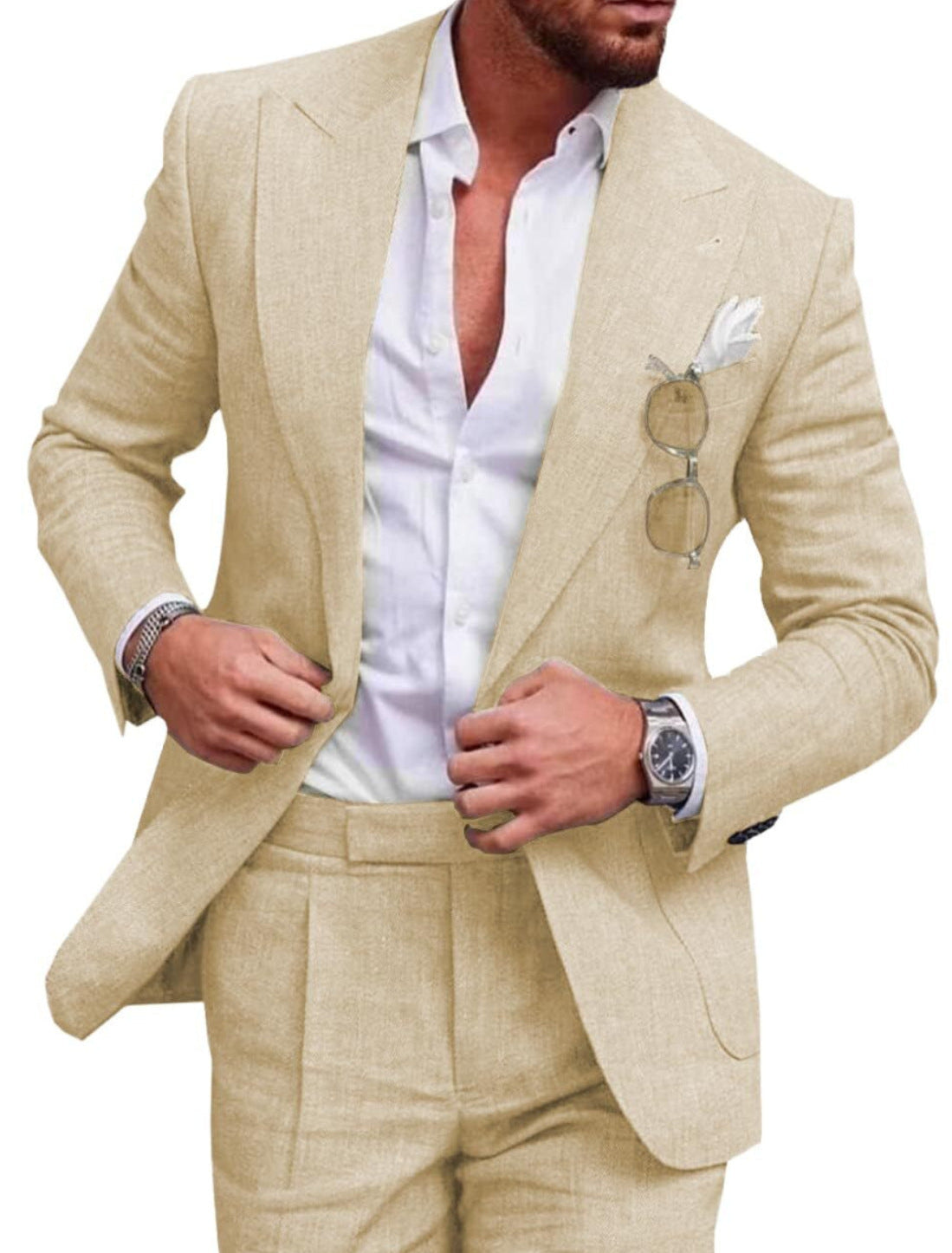 Completo da uomo – Slim fit in lino – Giacca monopetto – Elegante 2 pezzi