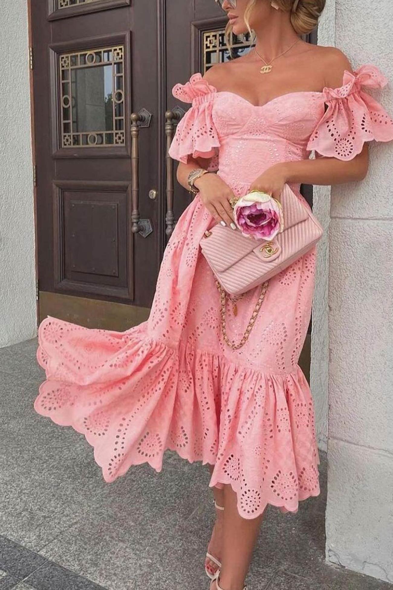 Abito Donna Off-Shoulder – Pizzo Sangallo – Maniche a Palloncino – Gonna A-Line Midi