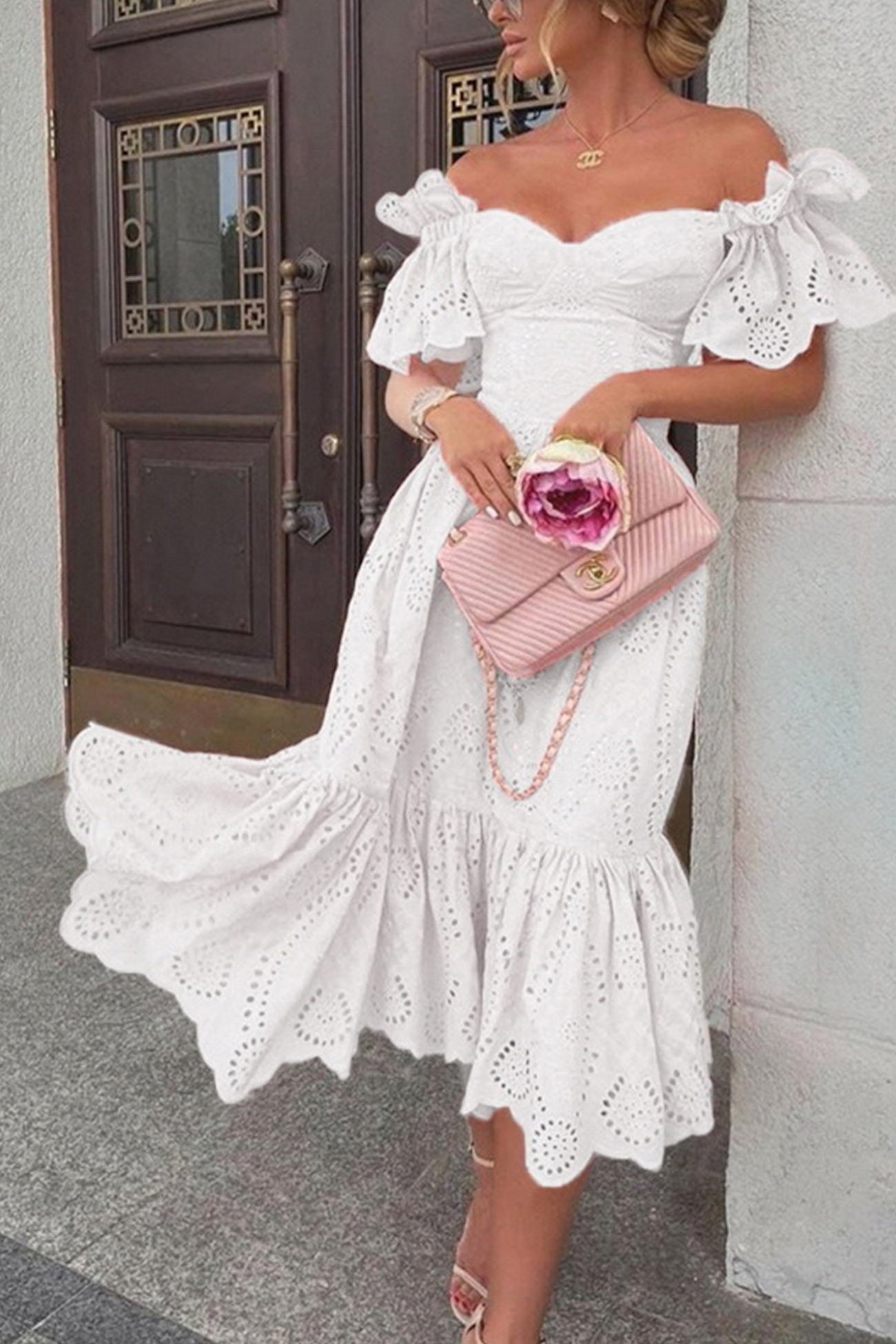 Abito Donna Off-Shoulder – Pizzo Sangallo – Maniche a Palloncino – Gonna A-Line Midi