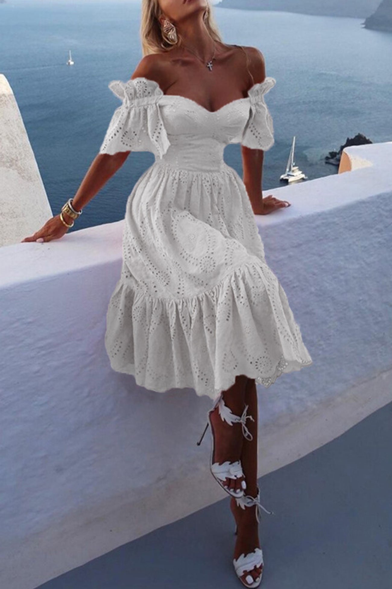 Abito Donna Off-Shoulder – Pizzo Sangallo – Maniche a Palloncino – Gonna A-Line Midi
