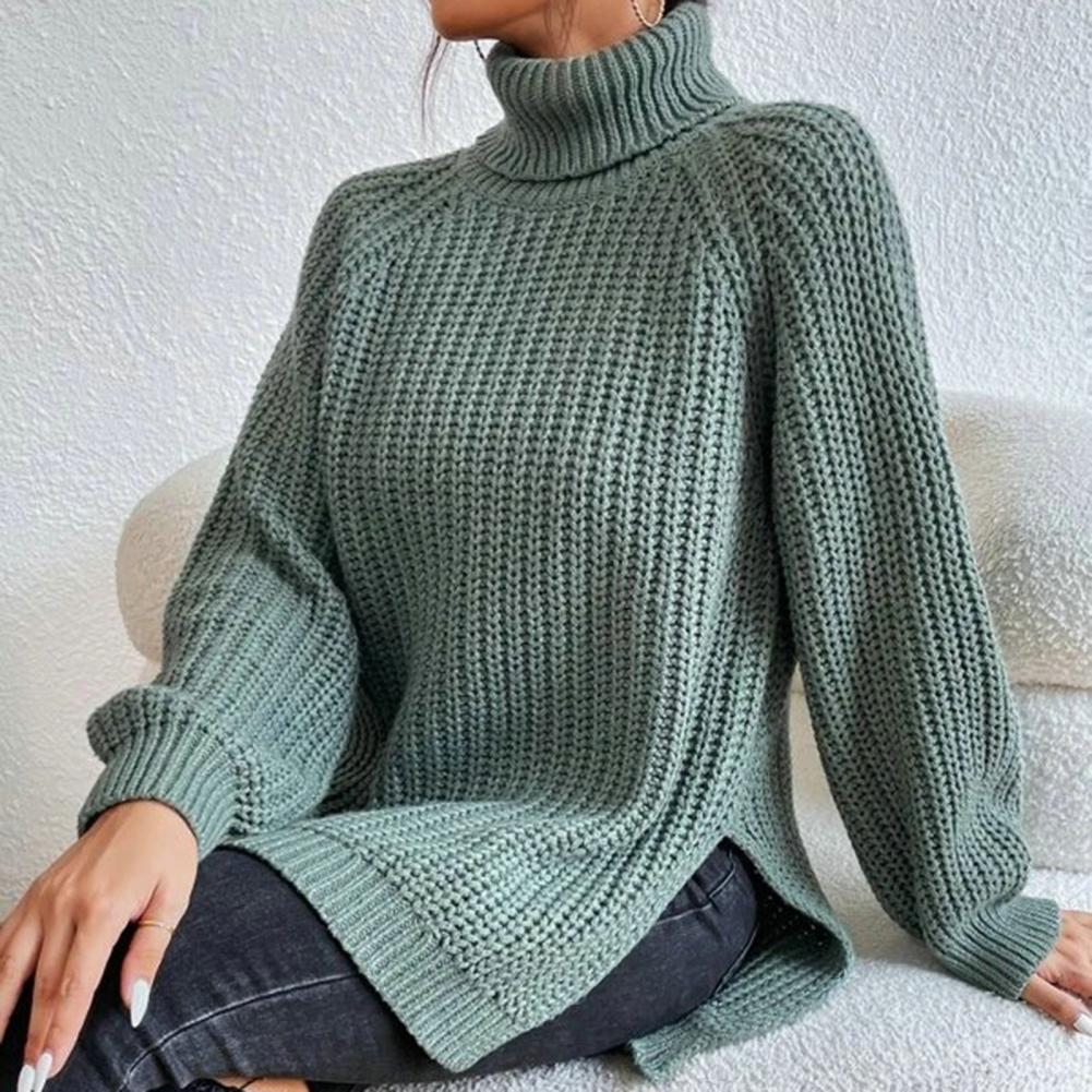 Maglione in cotone con collo alto e orlo con spacchetti laterali