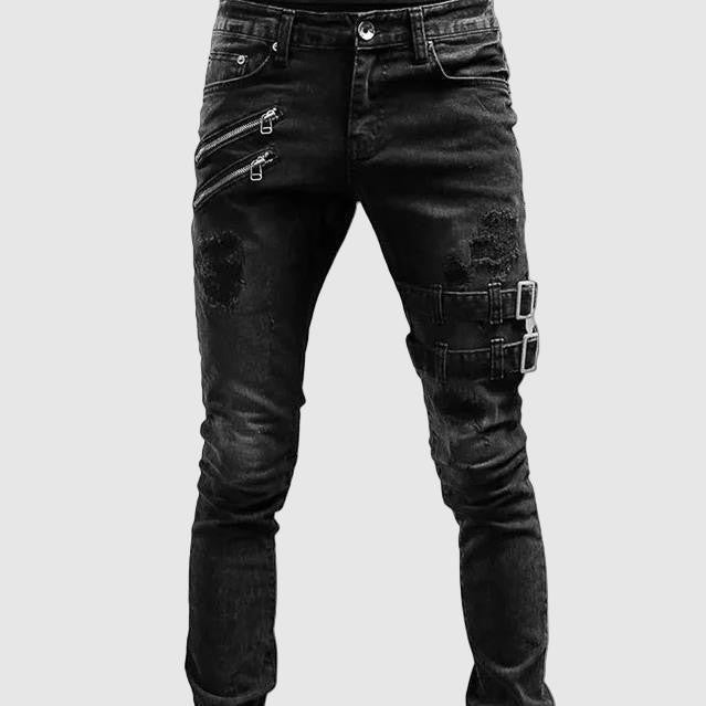 Jeans slim fit con fibbie gotiche decorative