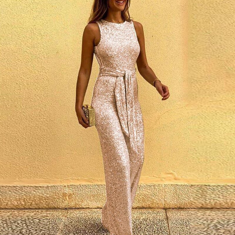 Tuta da donna – Senza maniche – Lurex brillante – Cintura regolabile – Elegante